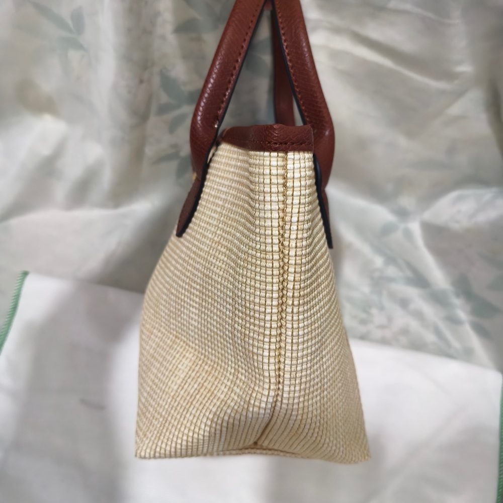Longchamp Cream Woven Tote with Brown Leather Trim and Horse Motif - Picture 4 of 13